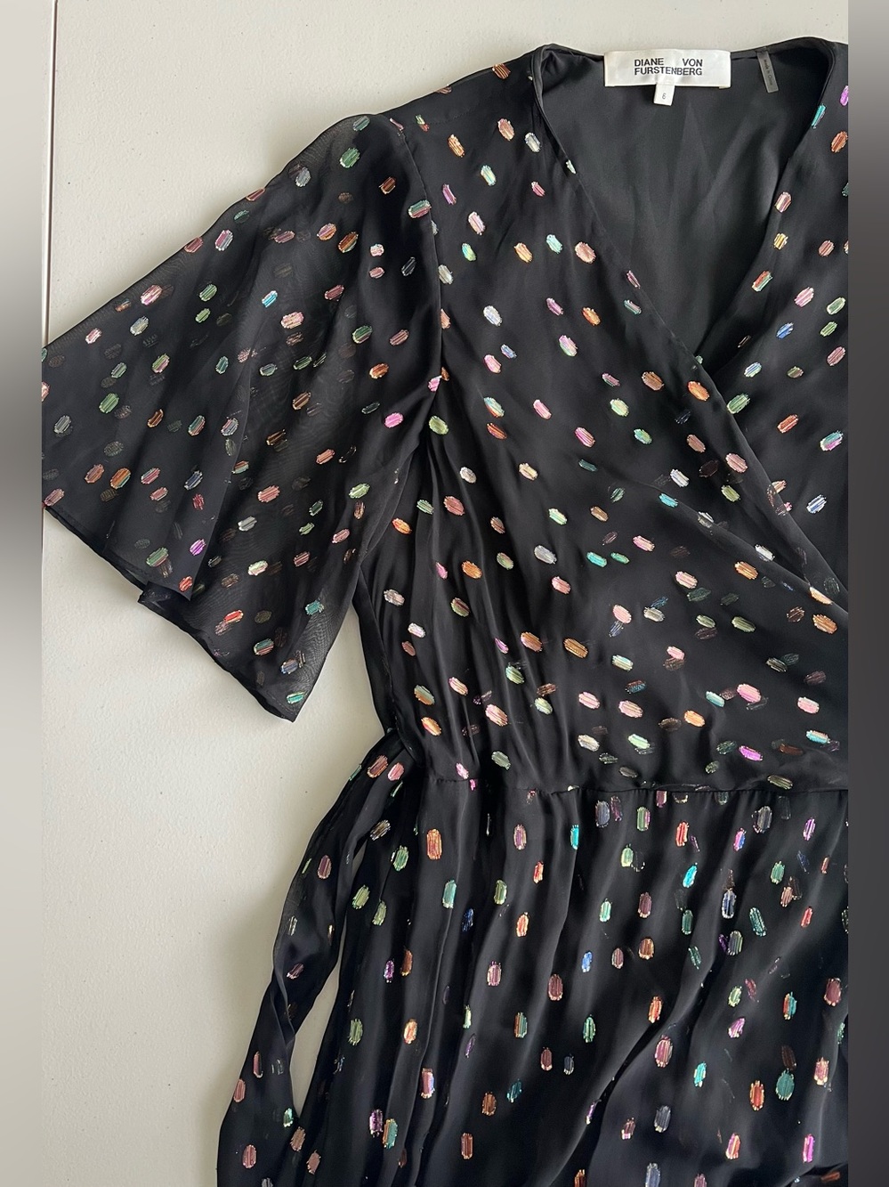 DVF Berdina Metallic Flounce Wrap Dress High Low Multicolor Dot Size 6 - Picture 8 of 16